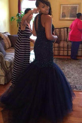 Long Party Prom Dress, Beaded Halter Mermaid Long Prom Dresses,